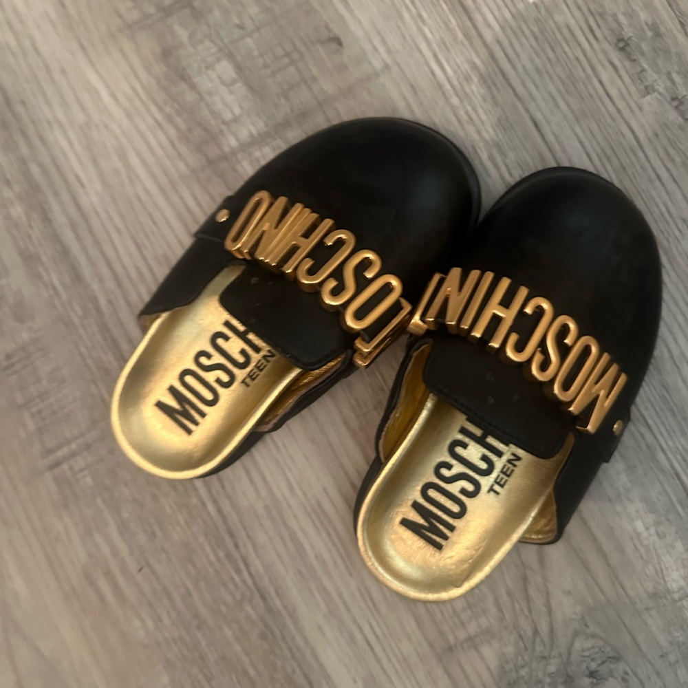 Moschino Black Slides with Gold Logo